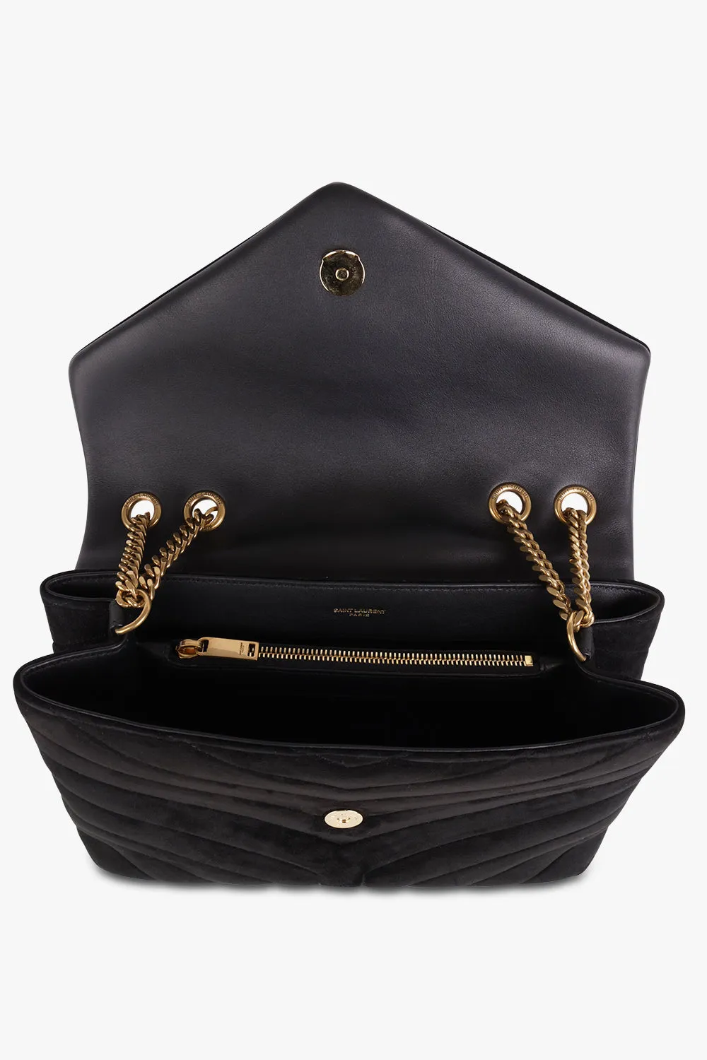 LOULOU MEDIUM FLAP BAG SUEDE BLACK/GOLD