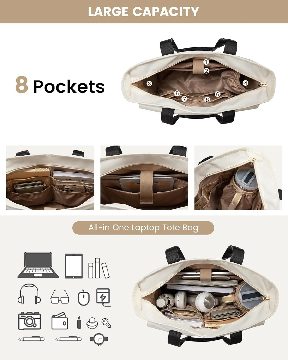 LOVEVOOK Laptop Bag for Women 15.6 Inch Laptop Tote Bag Large Capacity Work Bags Mutiple Pockets Teacher Bags with Removable Strap Water Resistant Computer Purse for Business Travel, Gray Beige