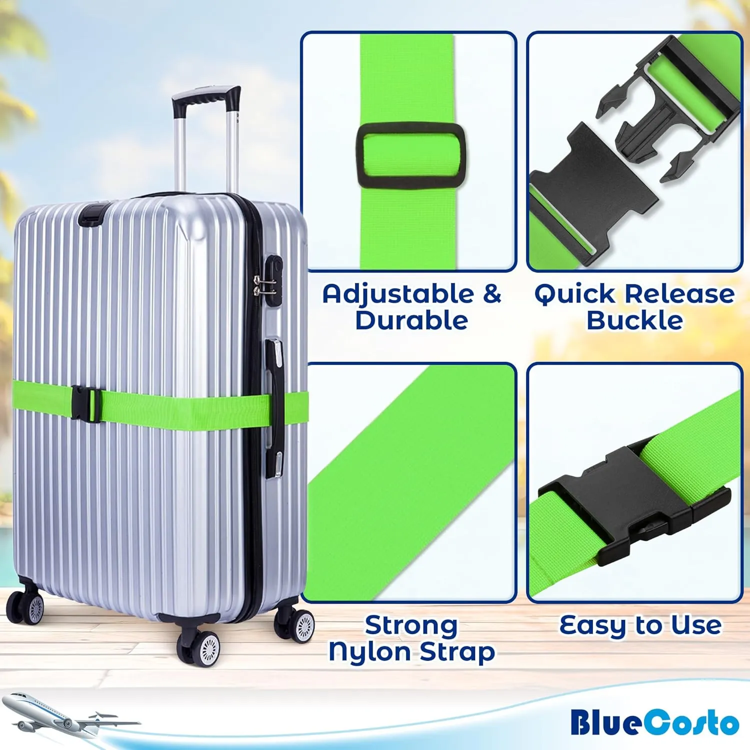 Luggage Straps for Suitcases TSA Approved - Multicolored, 4 PK - Premium Nylon Belts for Suitcase, Briefcase & Travel Bag - Adjustable Strap Length 46" - 78"