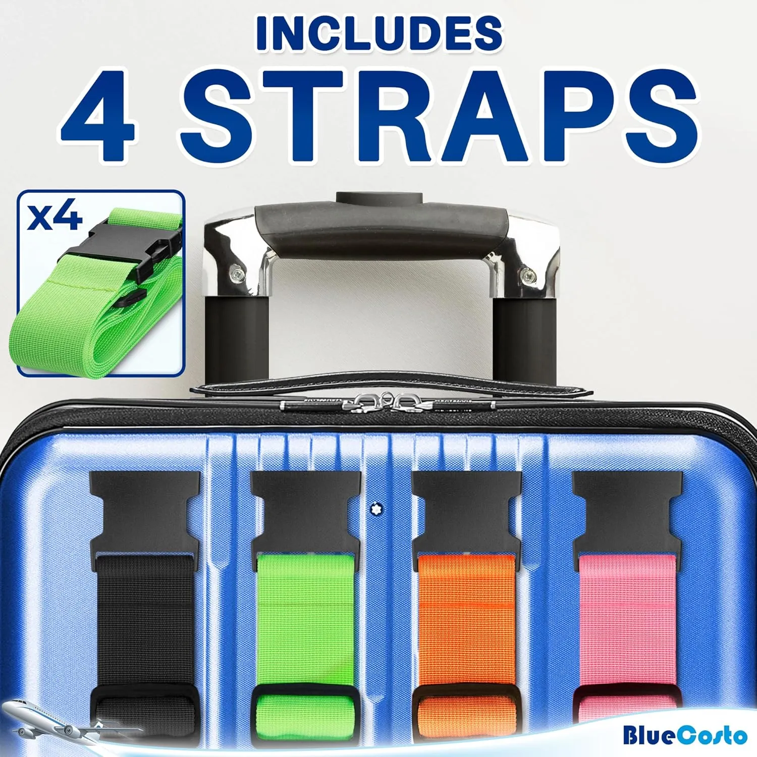 Luggage Straps for Suitcases TSA Approved - Multicolored, 4 PK - Premium Nylon Belts for Suitcase, Briefcase & Travel Bag - Adjustable Strap Length 46" - 78"