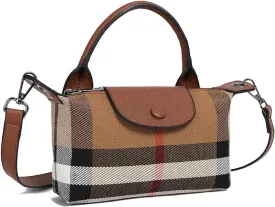 Luxury Canvas and Genuine Leather Women's Top Handle Handbag Mini Fashion Contrast Color Travel Daily Satchel, Classic Shoulder Bag, Khaki