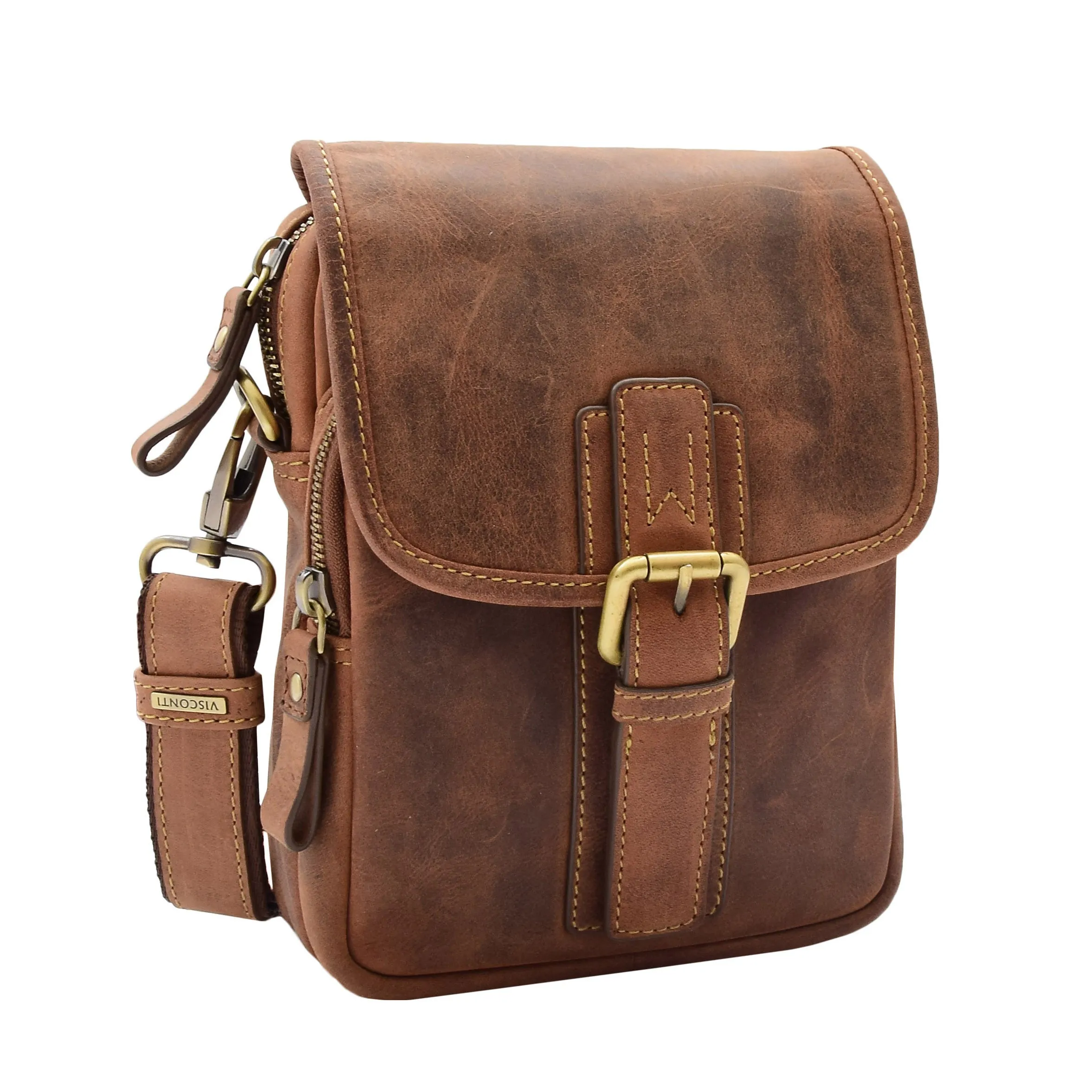 Men's Smart Cross Body Bag Genuine Leather Messenger Tan DR386