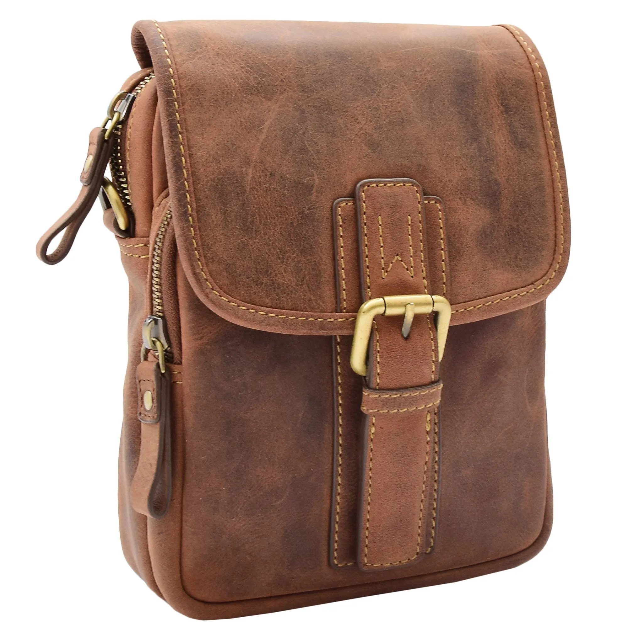 Men's Smart Cross Body Bag Genuine Leather Messenger Tan DR386