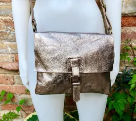 Metallic bronze crossbody / shoulder bag, genuine leather small crossover, messenger bag with zipper and flap. Small dark gold leather purse