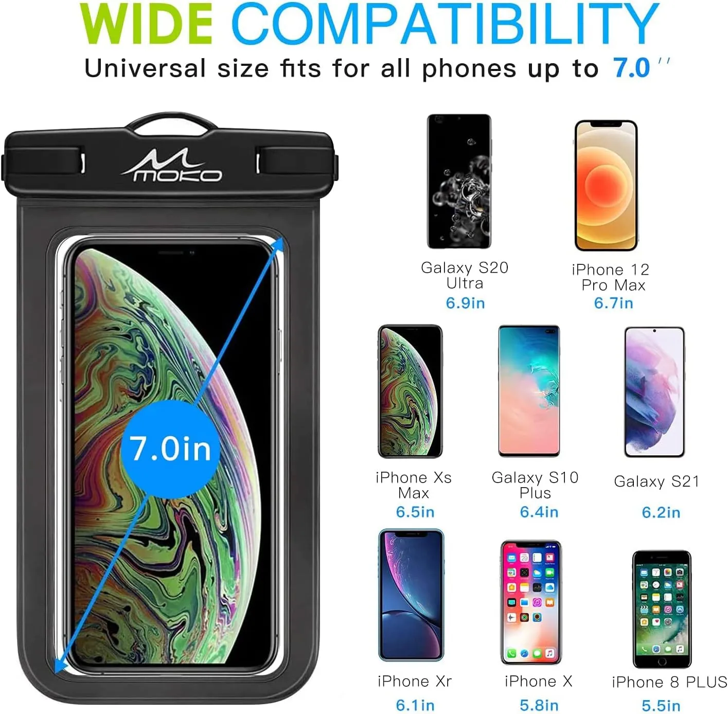 MoKo Waterproof Phone Pouch Holder, Cellphone Case Dry Bag with Lanyard Armband Compatible with iPhone 14 13 12 11 Pro Max, Samsung S21/S20/S10, Black