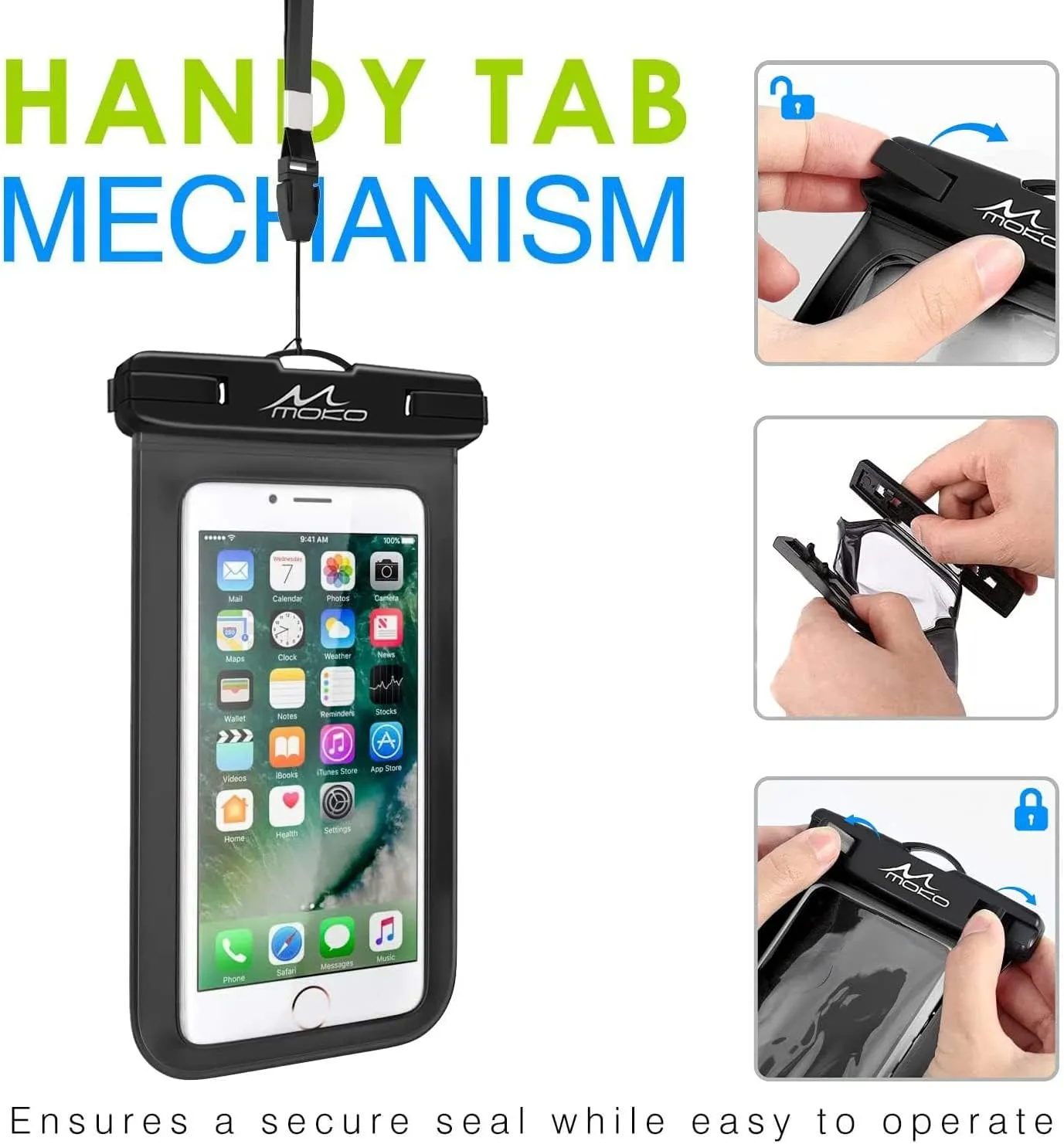 MoKo Waterproof Phone Pouch Holder, Cellphone Case Dry Bag with Lanyard Armband Compatible with iPhone 14 13 12 11 Pro Max, Samsung S21/S20/S10, Black