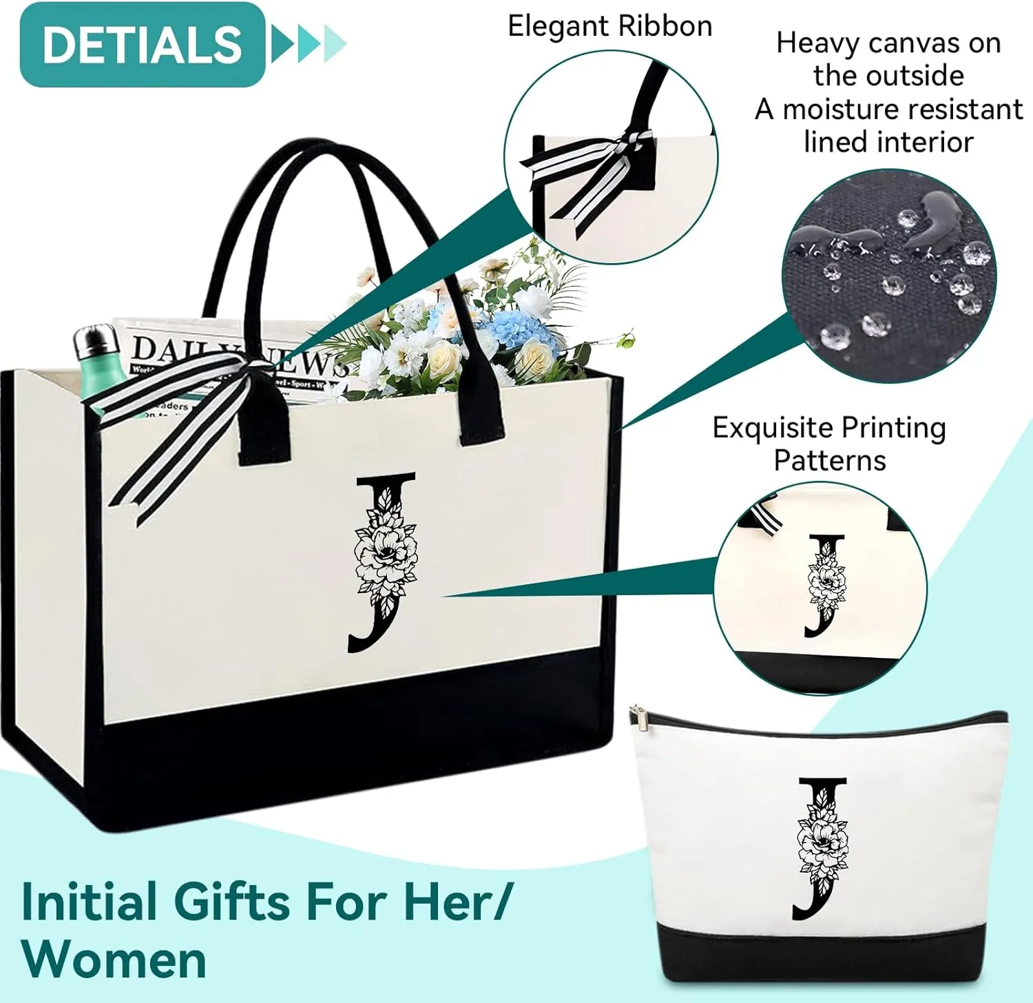 Mother's Day Gifts for Women Her - Initial Canvas Tote Bag & Makeup Bag, Personalized Birthday Gifts for Mom