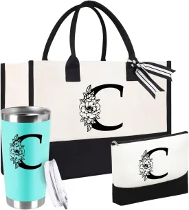 Mother's Day Gifts for Women Her - Initial Canvas Tote Bag & Makeup Bag, Personalized Birthday Gifts for Mom