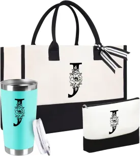 Mother's Day Gifts for Women Her - Initial Canvas Tote Bag & Makeup Bag, Personalized Birthday Gifts for Mom