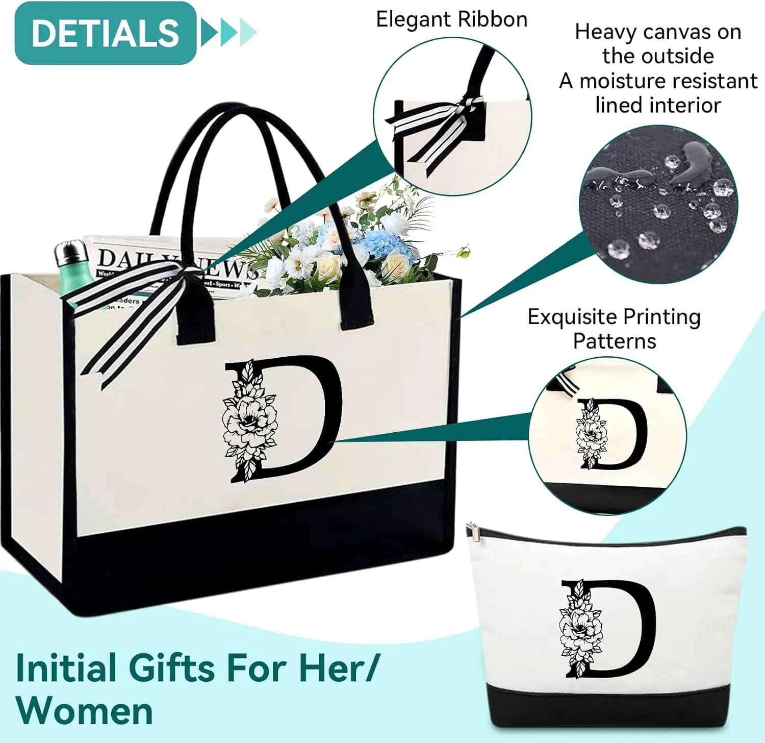 Mother's Day Gifts for Women Her - Initial Canvas Tote Bag & Makeup Bag, Personalized Birthday Gifts for Mom