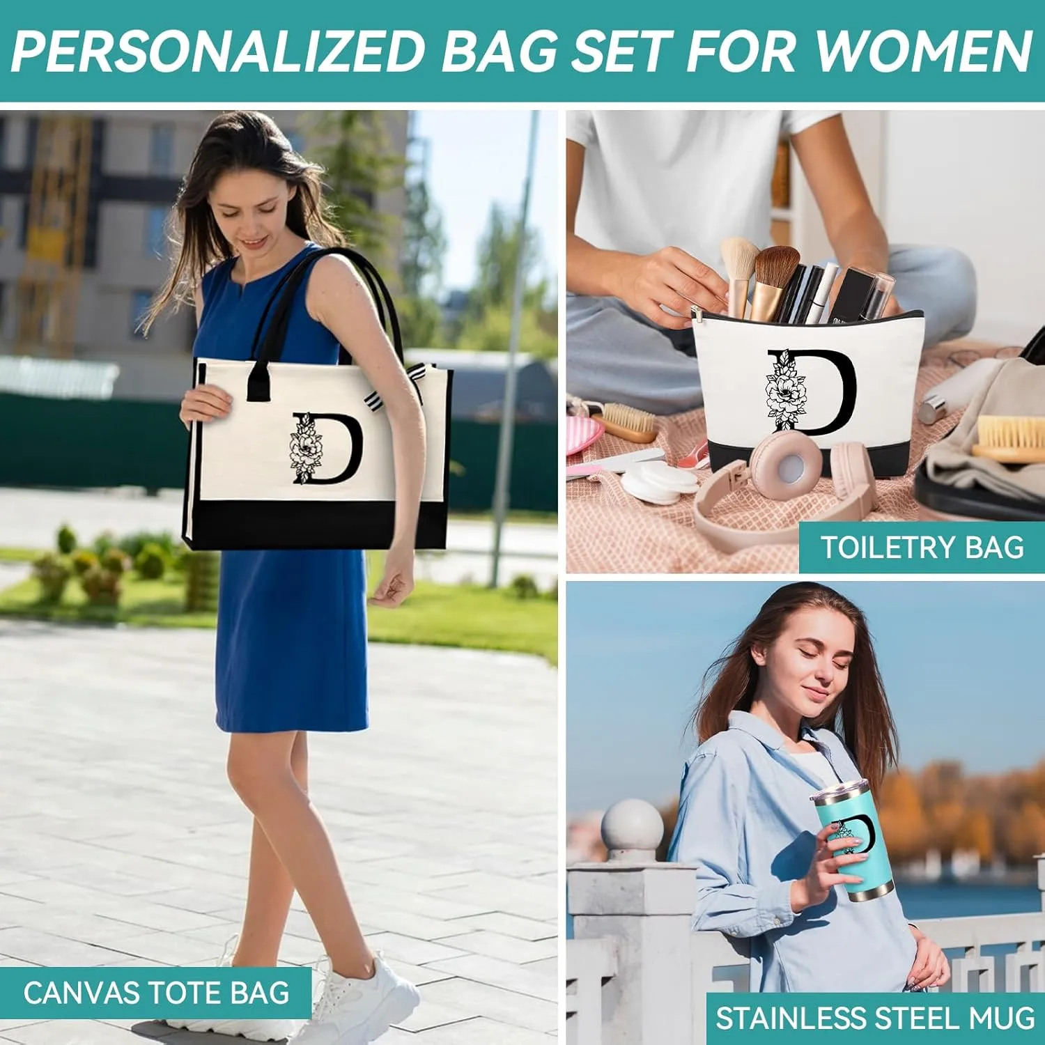 Mother's Day Gifts for Women Her - Initial Canvas Tote Bag & Makeup Bag, Personalized Birthday Gifts for Mom