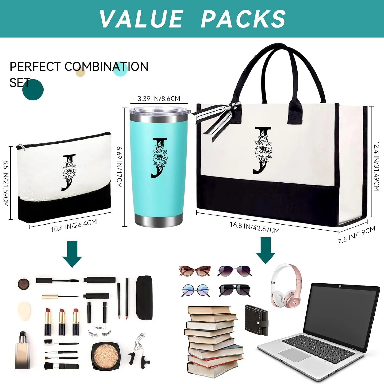 Mother's Day Gifts for Women Her - Initial Canvas Tote Bag & Makeup Bag, Personalized Birthday Gifts for Mom