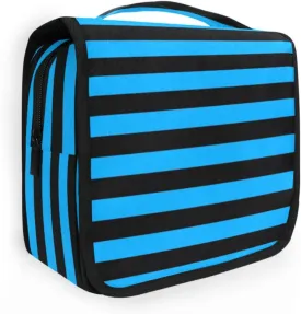 Neon Blue Black Strips Cosmetics Bag with hanging hook Waterproof Case Cosmetic Makeup Bag with Compartments & Handle
