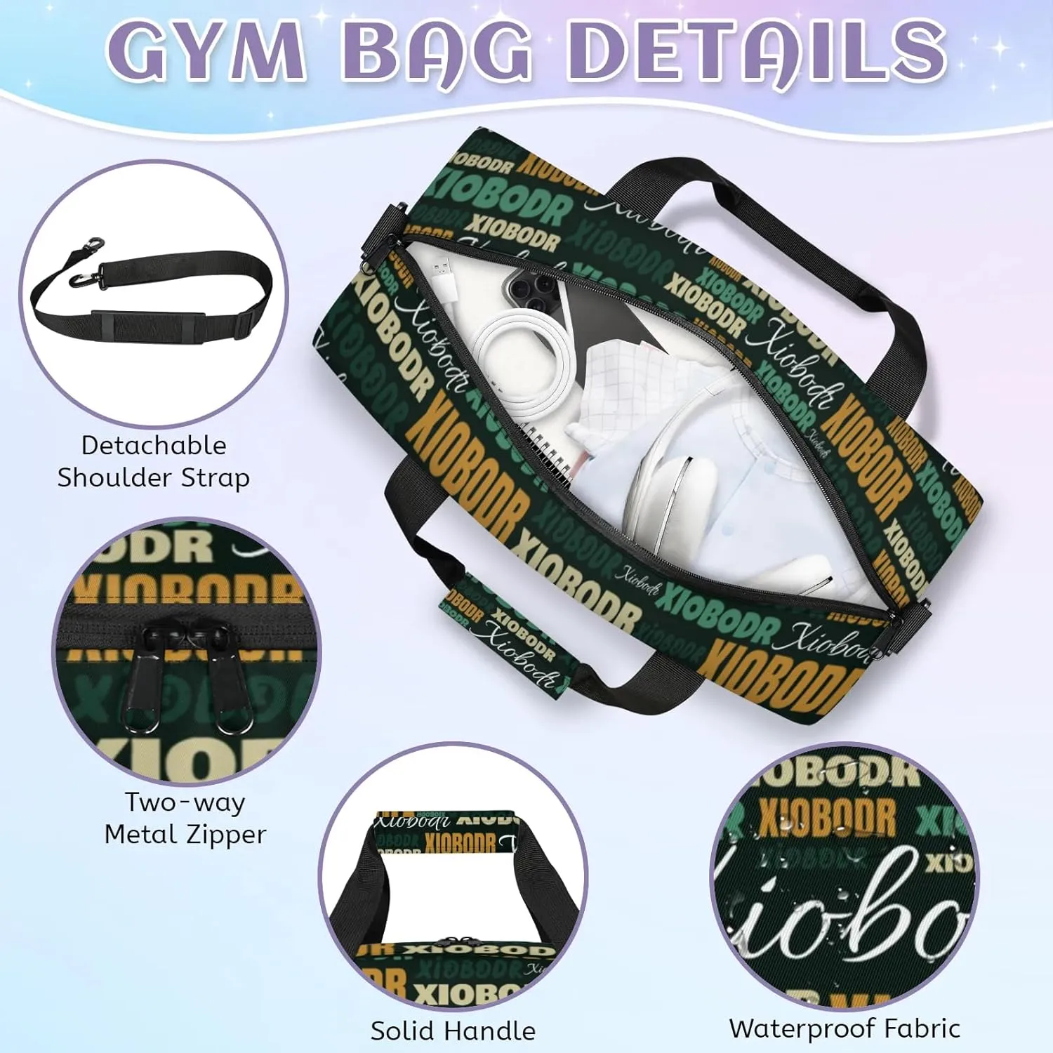 Personalized Cute Duffle Bag - Custom Name Kids Sports Bag, Sleepover Bags for Girls, Lightweight Toddler Boys Overnight Bag for Weekender Travel Cheer Dance Ball Game, Black Brown Green