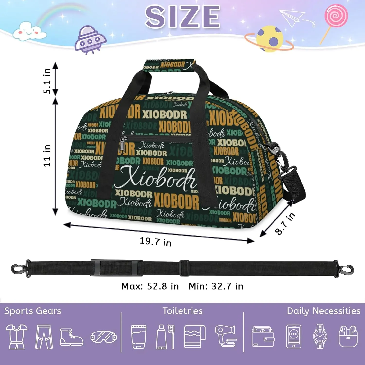 Personalized Cute Duffle Bag - Custom Name Kids Sports Bag, Sleepover Bags for Girls, Lightweight Toddler Boys Overnight Bag for Weekender Travel Cheer Dance Ball Game, Black Brown Green
