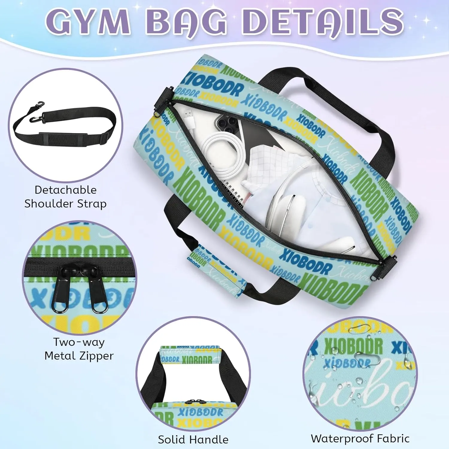 Personalized Cute Duffle Bag - Custom Name Kids Sports Bag, Sleepover Bags for Girls, Lightweight Toddler Boys Overnight Bag for Weekender Travel Cheer Dance Ball Game, Blue Yellow Green