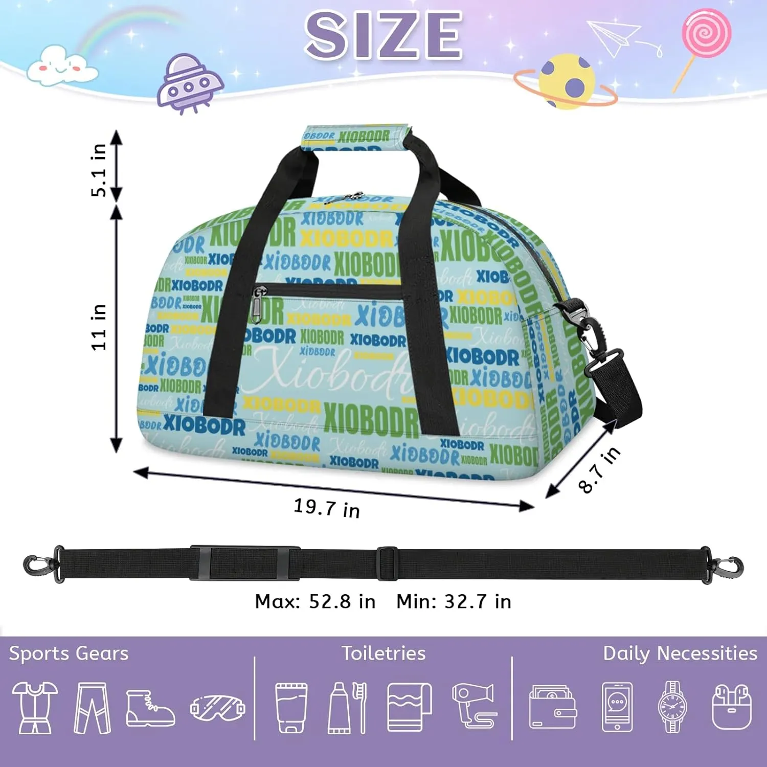 Personalized Cute Duffle Bag - Custom Name Kids Sports Bag, Sleepover Bags for Girls, Lightweight Toddler Boys Overnight Bag for Weekender Travel Cheer Dance Ball Game, Blue Yellow Green