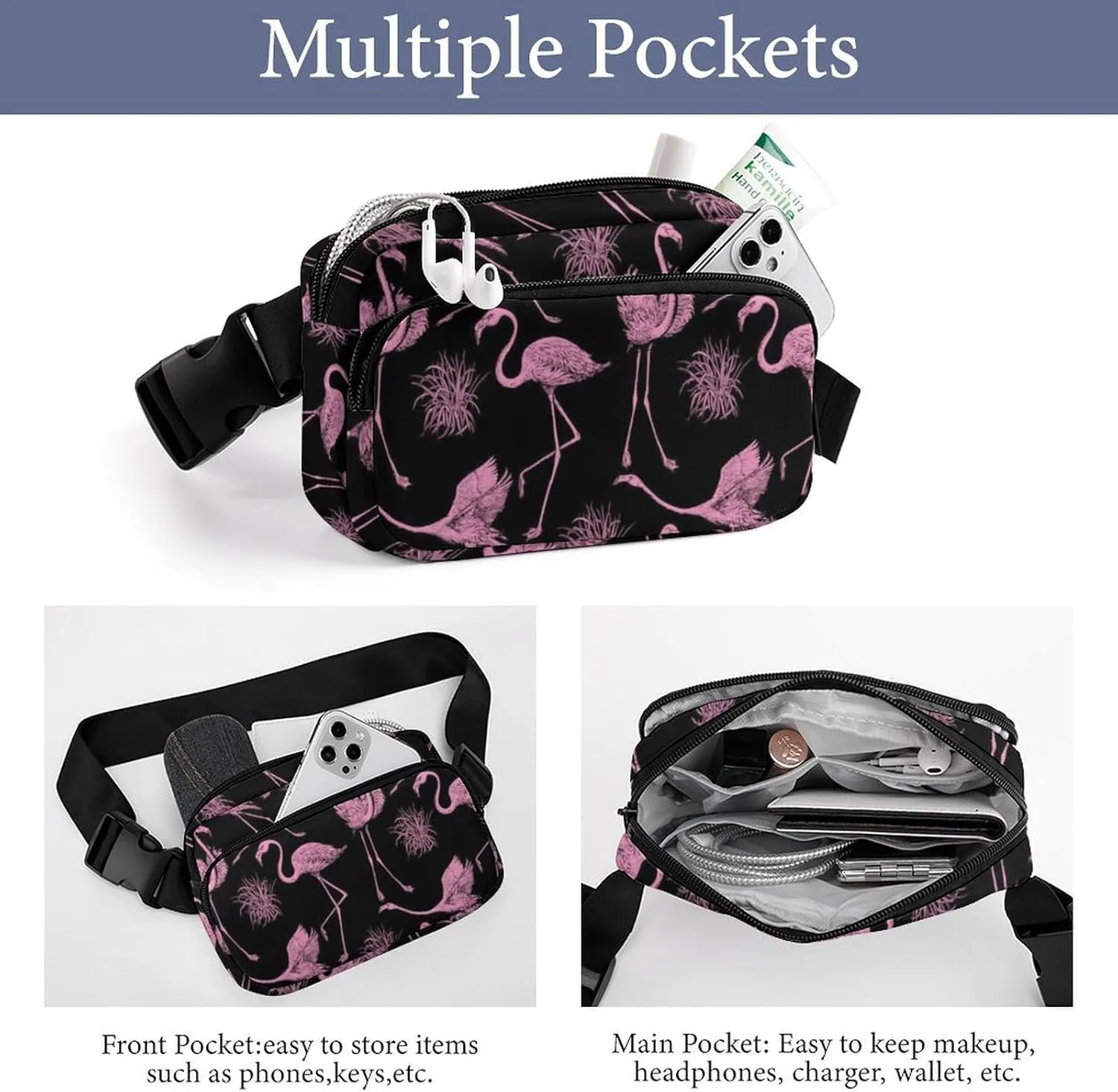 Pink Flamingos Fanny Pack Belt Bag with Adjustable Strap Cute Birds Flamingos Vintage Animal Waist Packs Small Pouch Crossbody Bags for Hiking Running Cycling Traveling