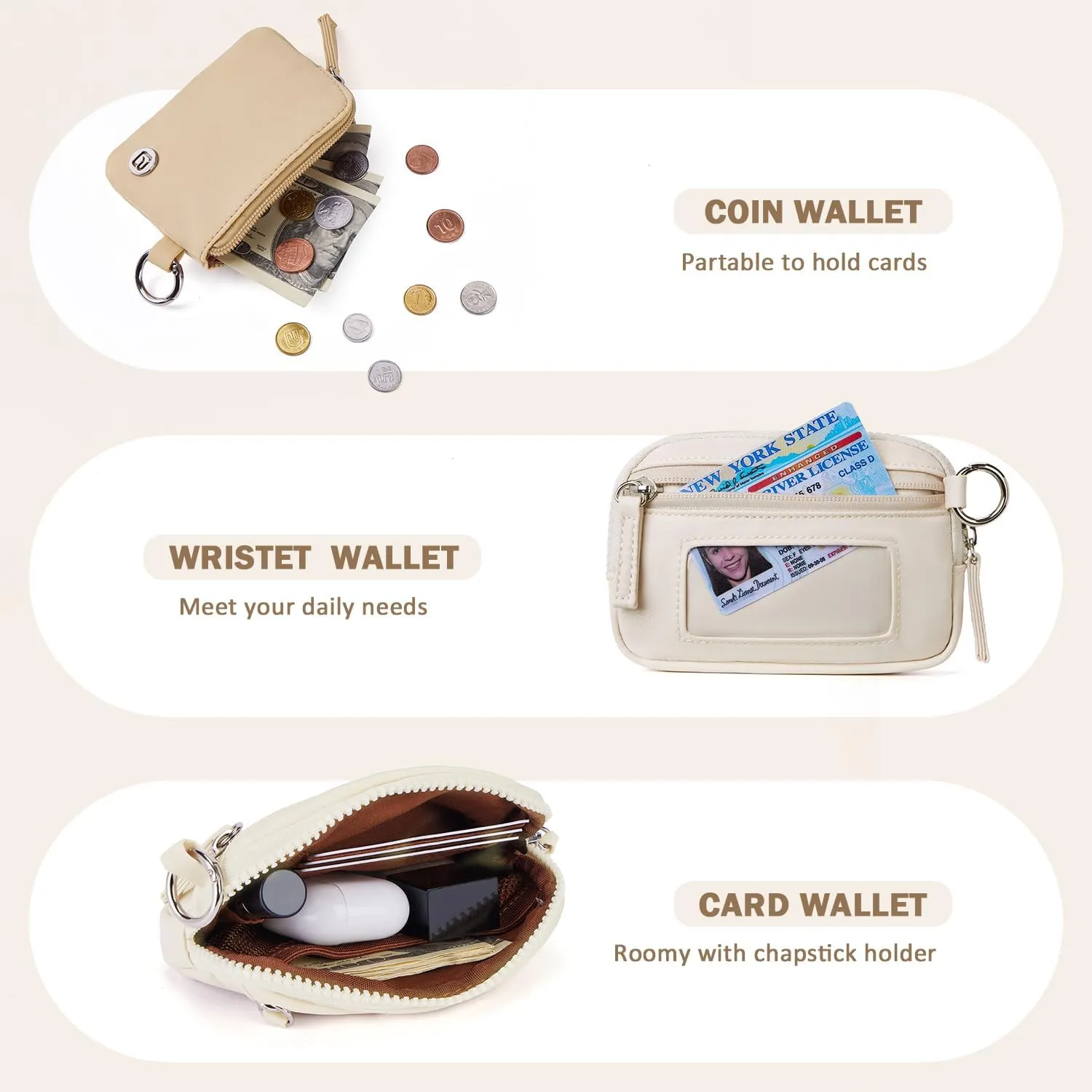 POIUGOYA Keychain Wristlet Wallet,Dual Pouch Wristlet Portable,Nylon RFID Coin Purse Small Wallet with key ring,ID Window