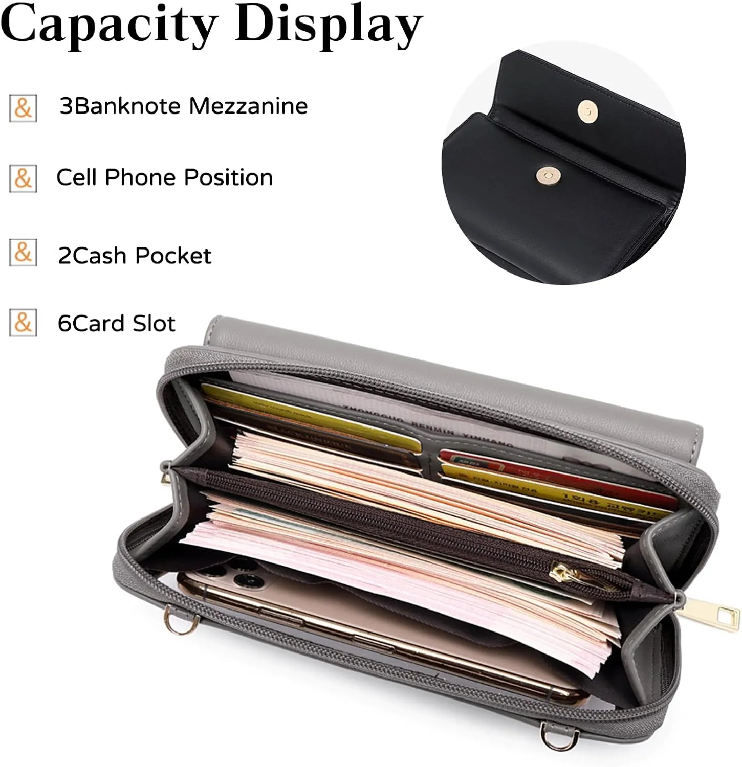 PORRASSO Touch Screen Crossbody Phone Bag Fashion Wallet Women's Shoulder Bag Clutch RFID Blocking Purse PU Wallet for Party Wedding Travelling Grey