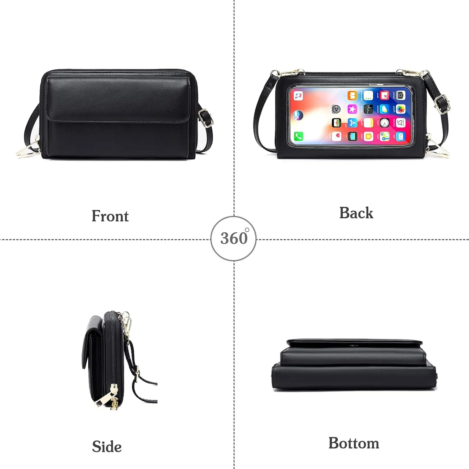 PORRASSO Touch Screen Crossbody Phone Bag Fashion Wallet Women's Shoulder Bag Clutch RFID Blocking Purse PU Wallet for Party Wedding Travelling Grey