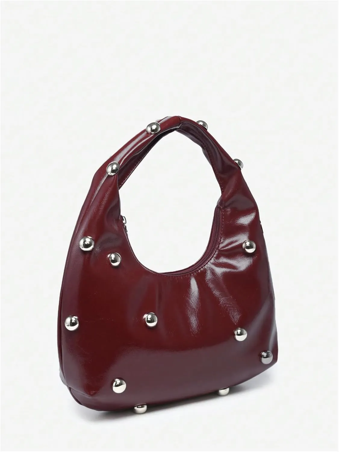 QWINEE Women's Vintage Leather Crescent Shoulder Bags Y2k Studded Zipper Top Handle Grunge Underarm Bag Purse Clutch