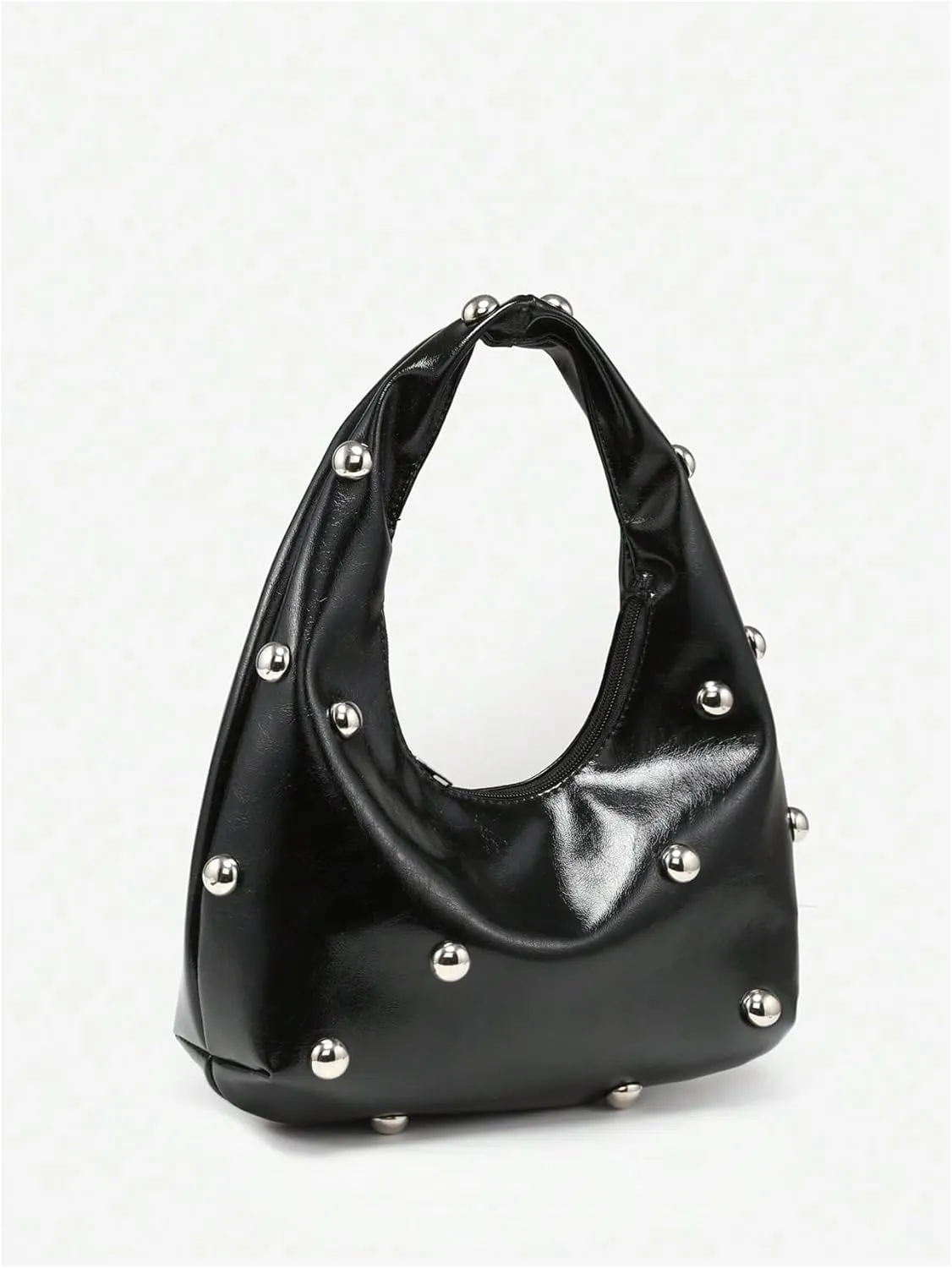 QWINEE Women's Vintage Leather Crescent Shoulder Bags Y2k Studded Zipper Top Handle Grunge Underarm Bag Purse Clutch