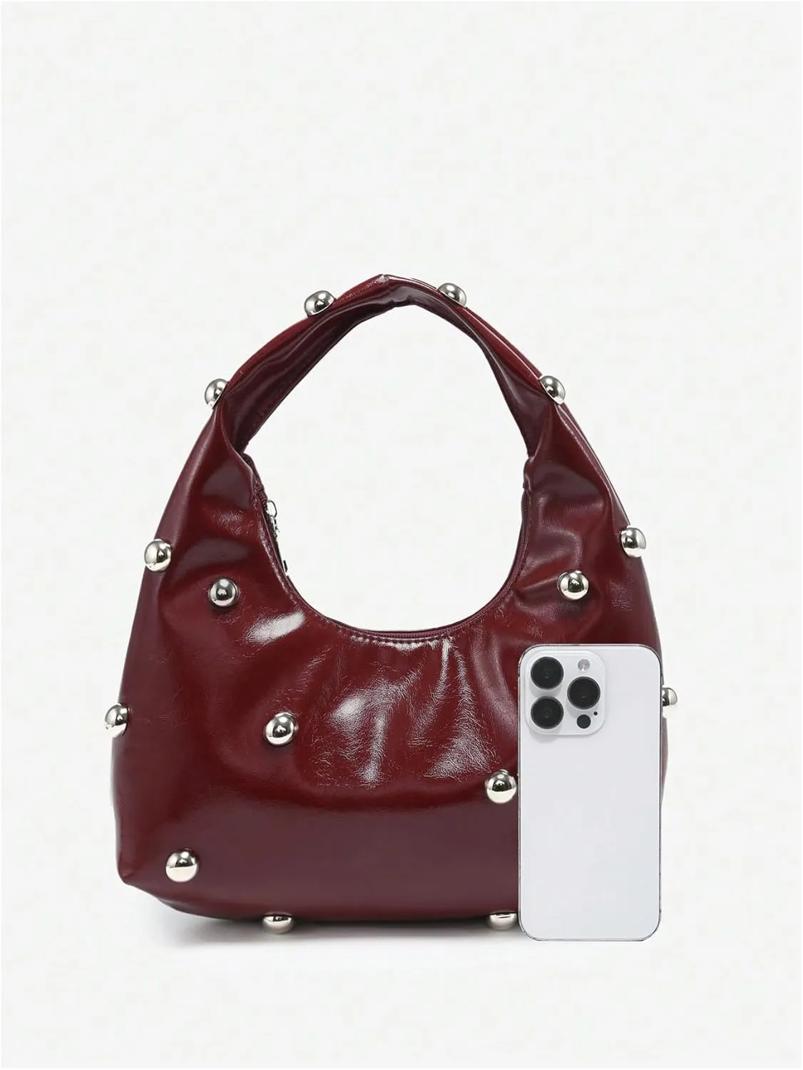 QWINEE Women's Vintage Leather Crescent Shoulder Bags Y2k Studded Zipper Top Handle Grunge Underarm Bag Purse Clutch