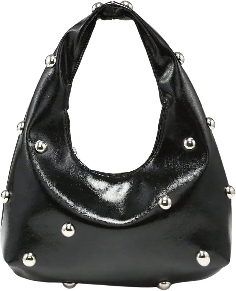 QWINEE Women's Vintage Leather Crescent Shoulder Bags Y2k Studded Zipper Top Handle Grunge Underarm Bag Purse Clutch