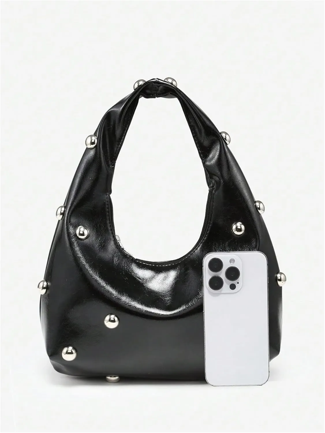 QWINEE Women's Vintage Leather Crescent Shoulder Bags Y2k Studded Zipper Top Handle Grunge Underarm Bag Purse Clutch