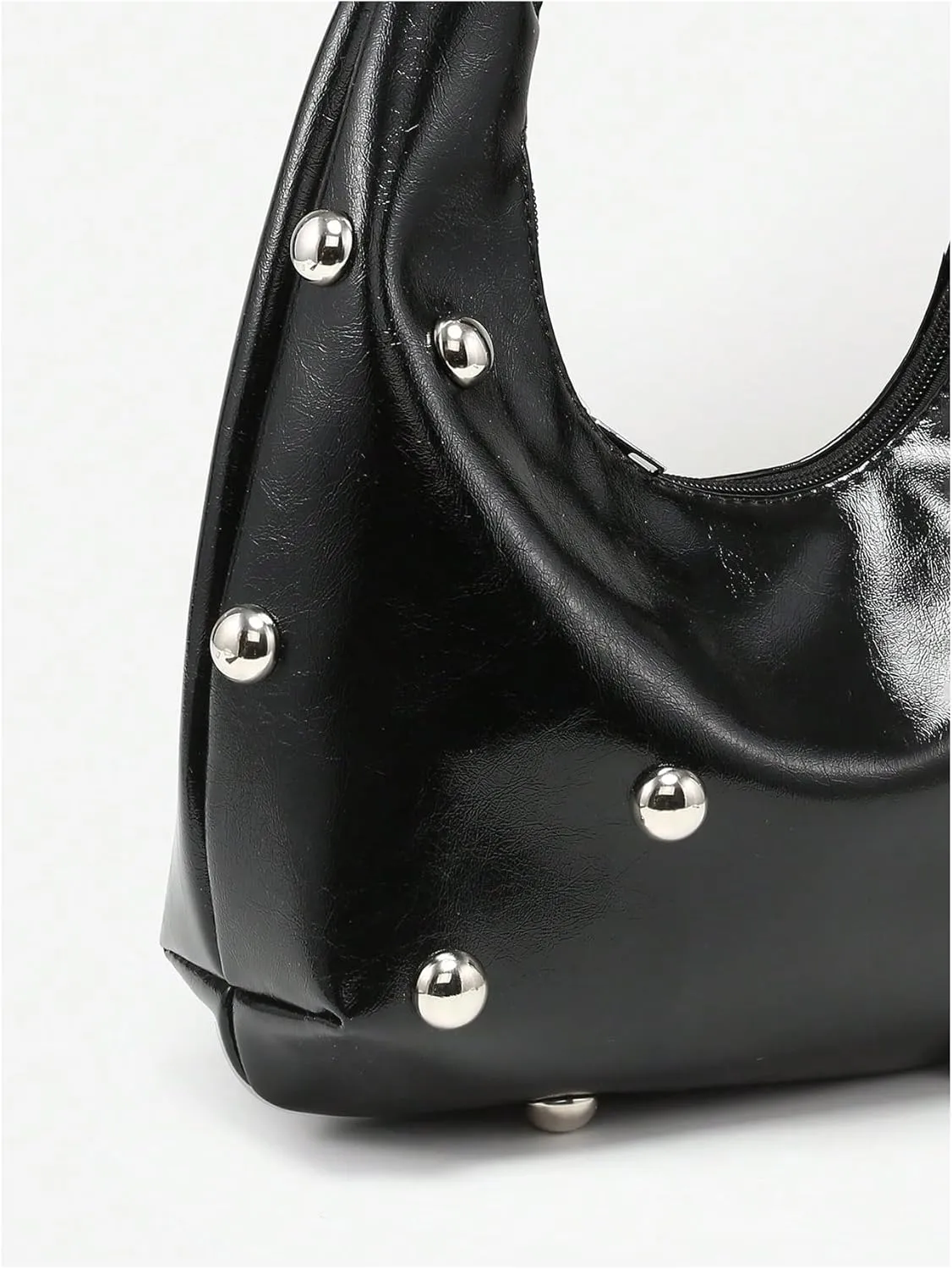 QWINEE Women's Vintage Leather Crescent Shoulder Bags Y2k Studded Zipper Top Handle Grunge Underarm Bag Purse Clutch