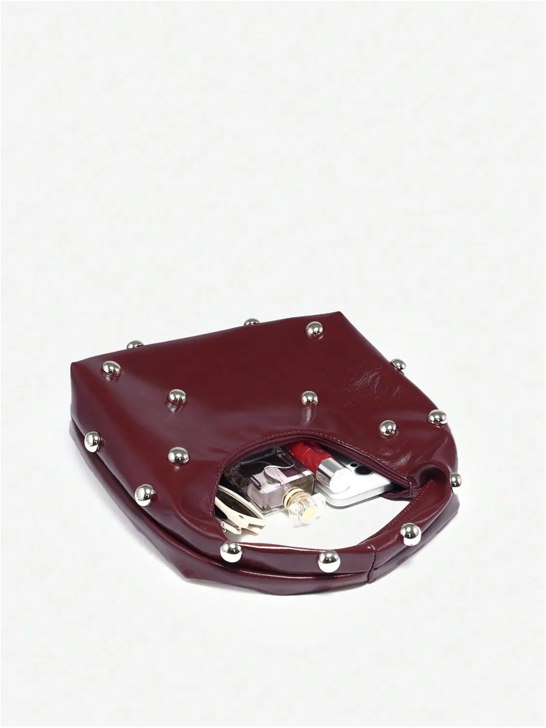 QWINEE Women's Vintage Leather Crescent Shoulder Bags Y2k Studded Zipper Top Handle Grunge Underarm Bag Purse Clutch