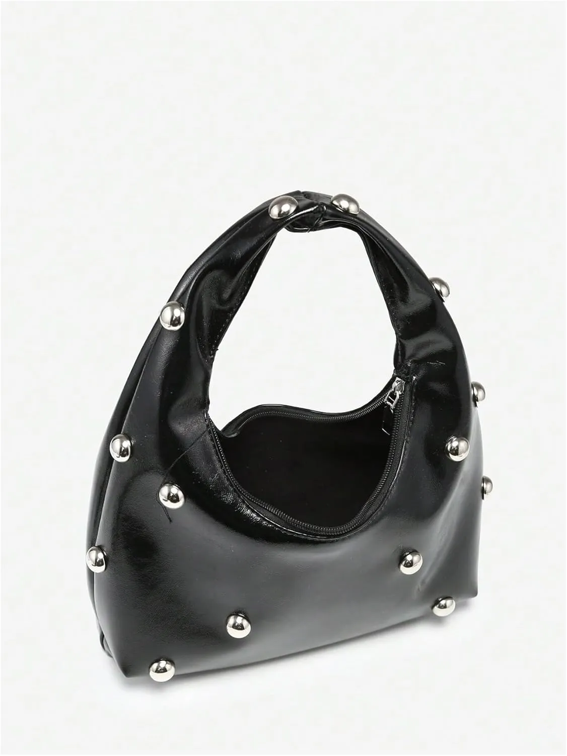 QWINEE Women's Vintage Leather Crescent Shoulder Bags Y2k Studded Zipper Top Handle Grunge Underarm Bag Purse Clutch