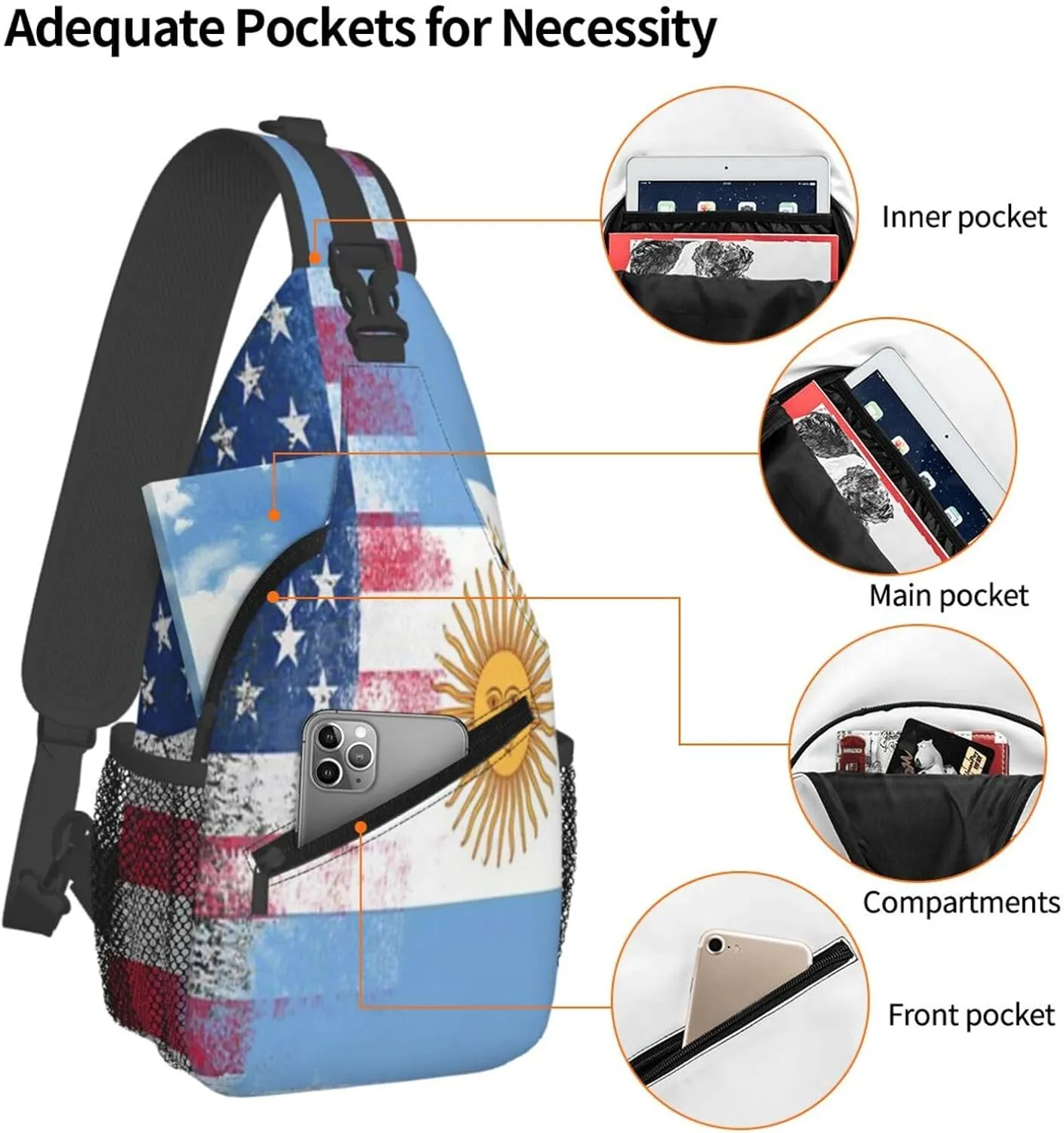 Sunflower American Flag Sling Bag Adjustable Chest Bags Casual Crossbody Bag Travel Shoulder Backpack