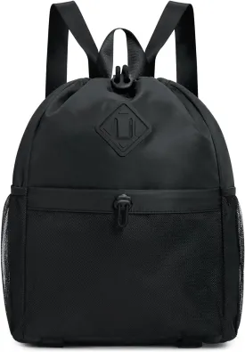 WANDF Drawstring Backpack Sports Gym Bag with Yoga Mat Strap, Water-Resistant String Backpack Cinch Bag with Mesh Pocket for Women Men (Black, Patent Pending)