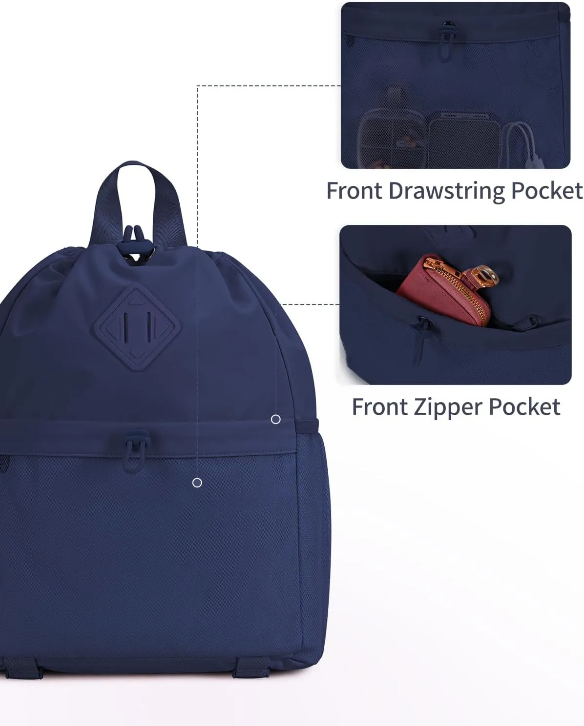 WANDF Drawstring Backpack Sports Gym Bag with Yoga Mat Strap, Water-Resistant String Backpack Cinch Bag with Mesh Pocket for Women Men (Navy Blue, Patent Pending)