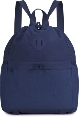 WANDF Drawstring Backpack Sports Gym Bag with Yoga Mat Strap, Water-Resistant String Backpack Cinch Bag with Mesh Pocket for Women Men (Navy Blue, Patent Pending)