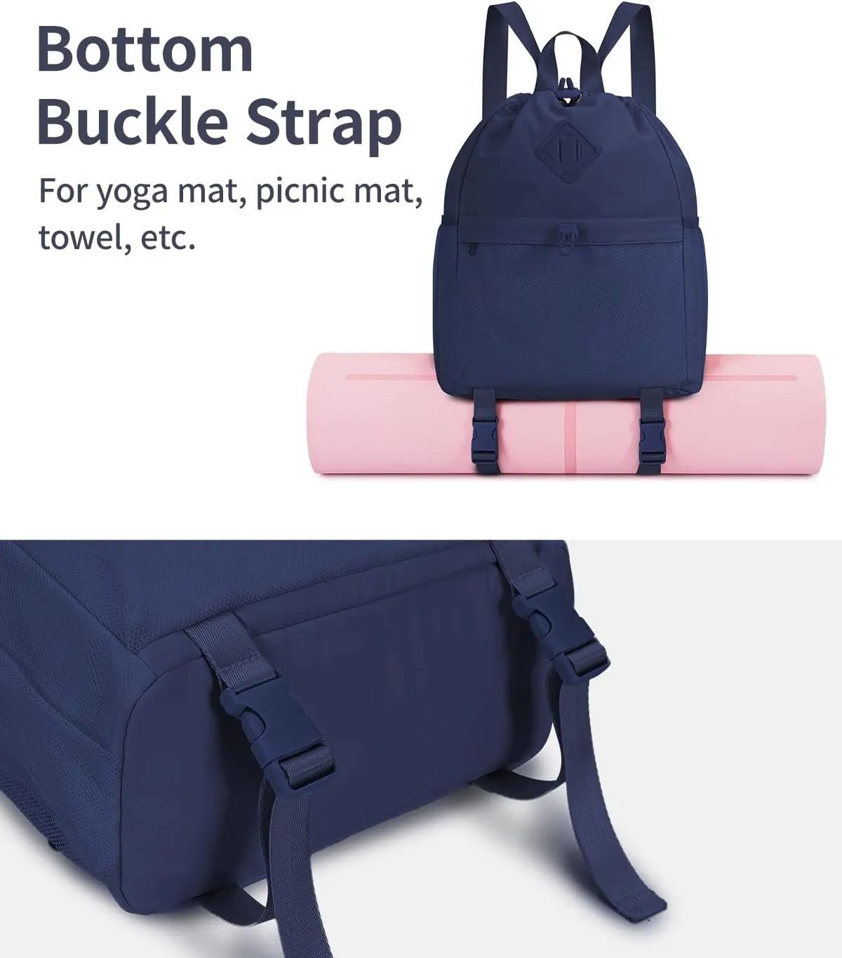 WANDF Drawstring Backpack Sports Gym Bag with Yoga Mat Strap, Water-Resistant String Backpack Cinch Bag with Mesh Pocket for Women Men (Navy Blue, Patent Pending)