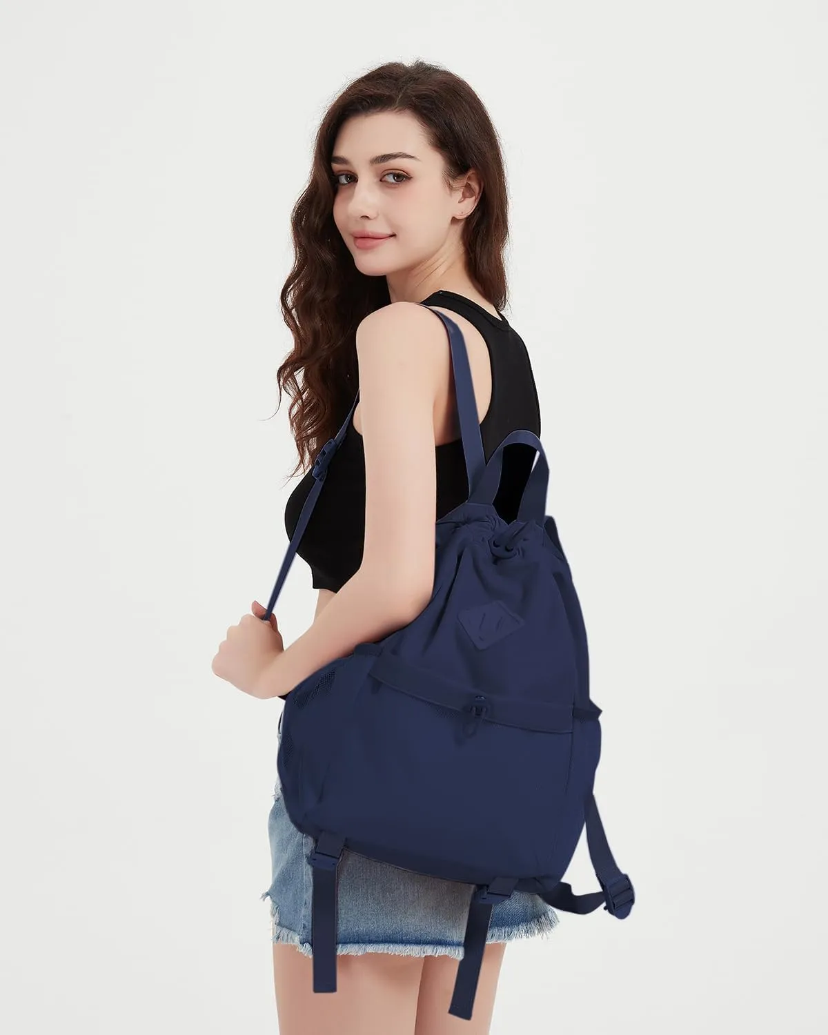 WANDF Drawstring Backpack Sports Gym Bag with Yoga Mat Strap, Water-Resistant String Backpack Cinch Bag with Mesh Pocket for Women Men (Navy Blue, Patent Pending)