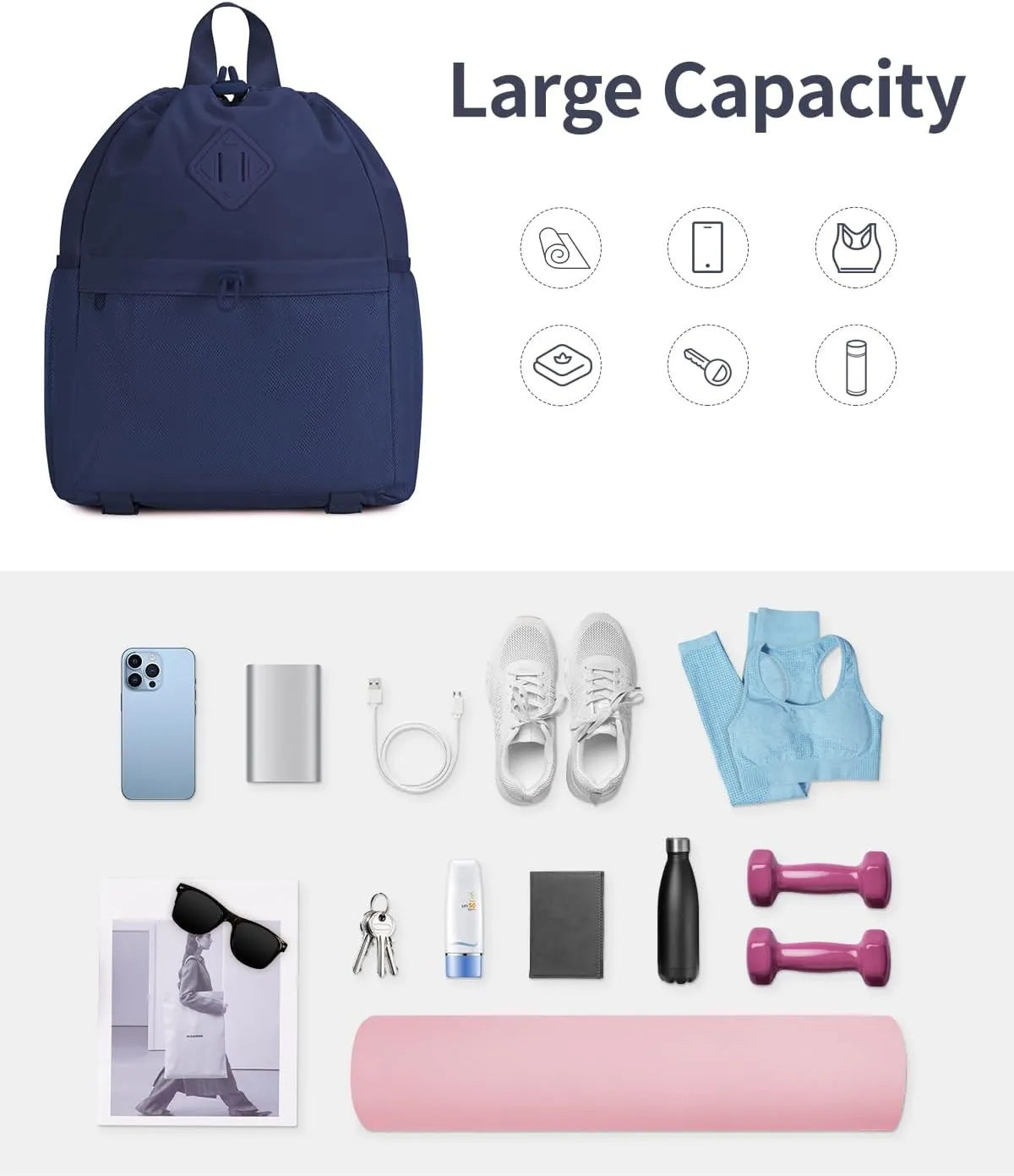 WANDF Drawstring Backpack Sports Gym Bag with Yoga Mat Strap, Water-Resistant String Backpack Cinch Bag with Mesh Pocket for Women Men (Navy Blue, Patent Pending)
