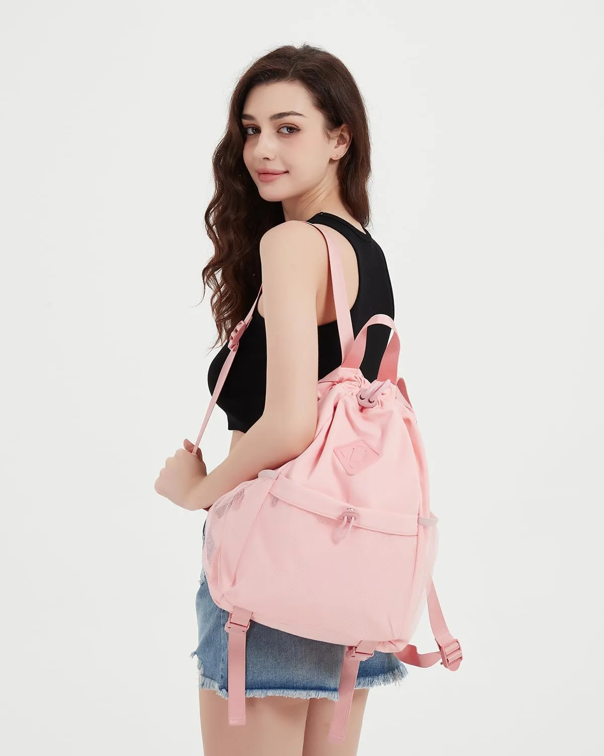 WANDF Drawstring Backpack Sports Gym Bag with Yoga Mat Strap, Water-Resistant String Backpack Cinch Bag with Mesh Pocket for Women Men (Pink, Patent Pending)