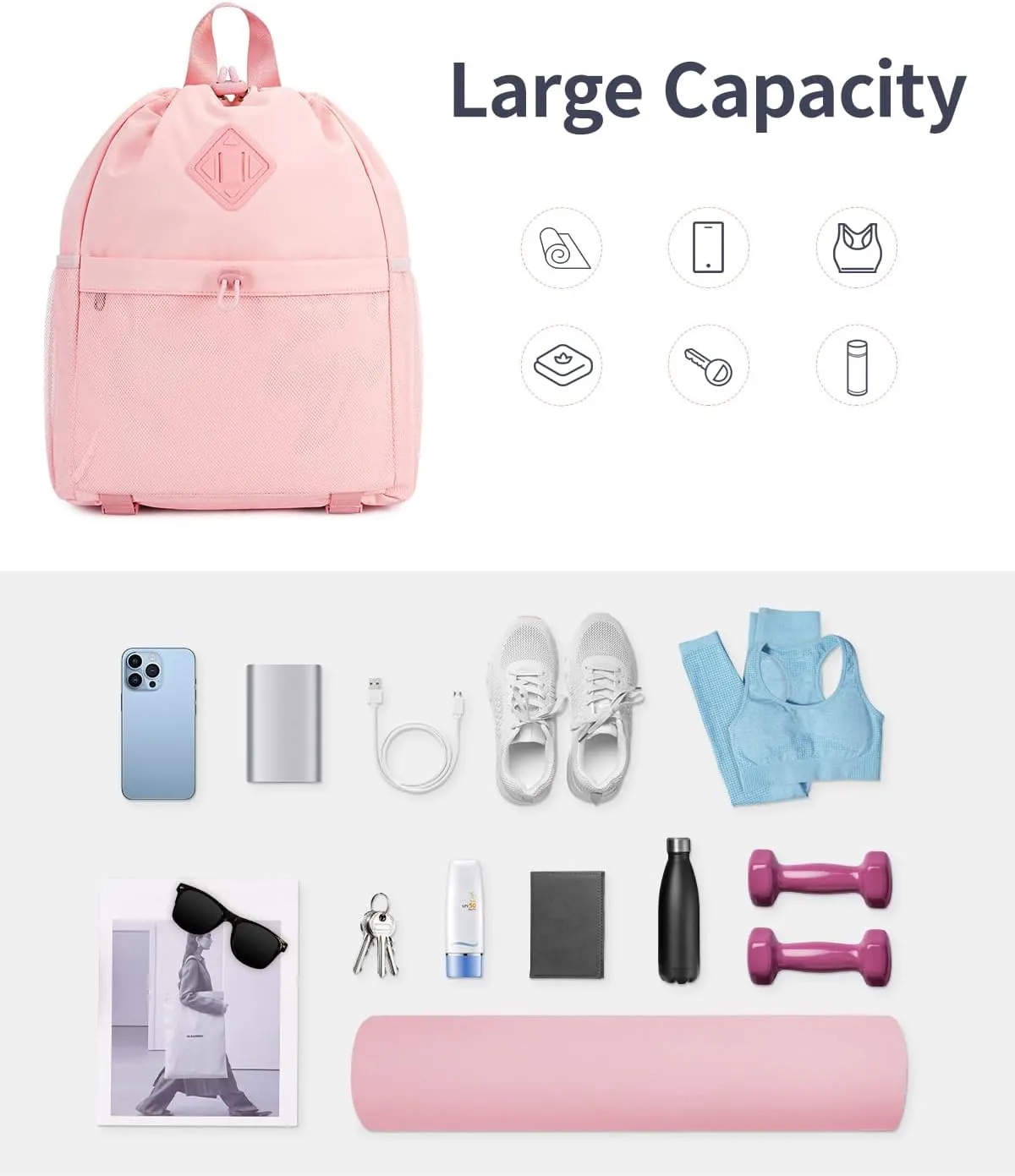 WANDF Drawstring Backpack Sports Gym Bag with Yoga Mat Strap, Water-Resistant String Backpack Cinch Bag with Mesh Pocket for Women Men (Pink, Patent Pending)