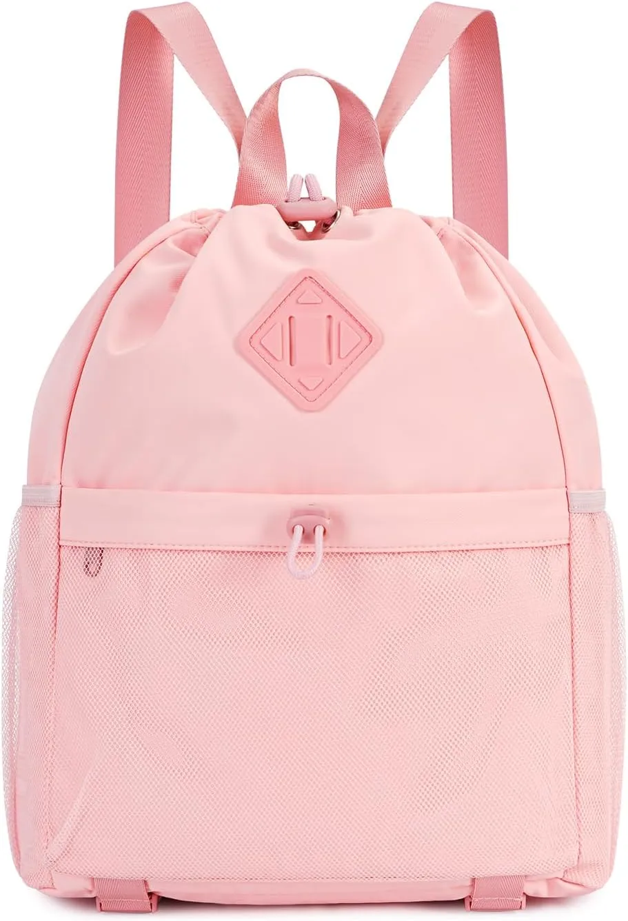 WANDF Drawstring Backpack Sports Gym Bag with Yoga Mat Strap, Water-Resistant String Backpack Cinch Bag with Mesh Pocket for Women Men (Pink, Patent Pending)