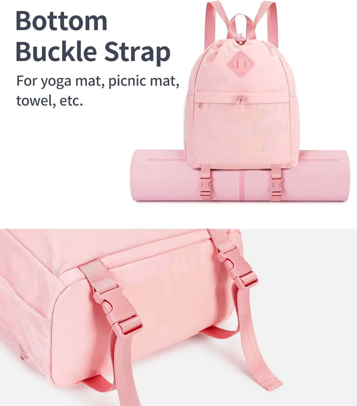 WANDF Drawstring Backpack Sports Gym Bag with Yoga Mat Strap, Water-Resistant String Backpack Cinch Bag with Mesh Pocket for Women Men (Pink, Patent Pending)