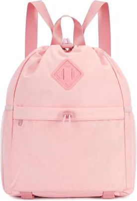 WANDF Drawstring Backpack Sports Gym Bag with Yoga Mat Strap, Water-Resistant String Backpack Cinch Bag with Mesh Pocket for Women Men (Pink, Patent Pending)