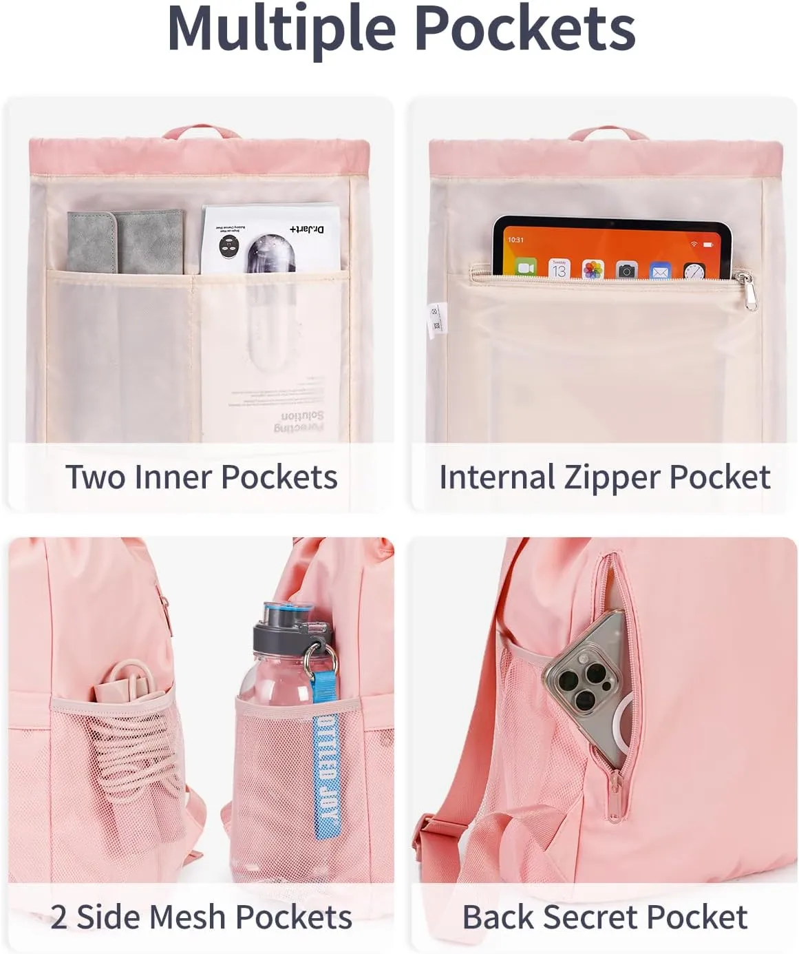 WANDF Drawstring Backpack Sports Gym Bag with Yoga Mat Strap, Water-Resistant String Backpack Cinch Bag with Mesh Pocket for Women Men (Pink, Patent Pending)