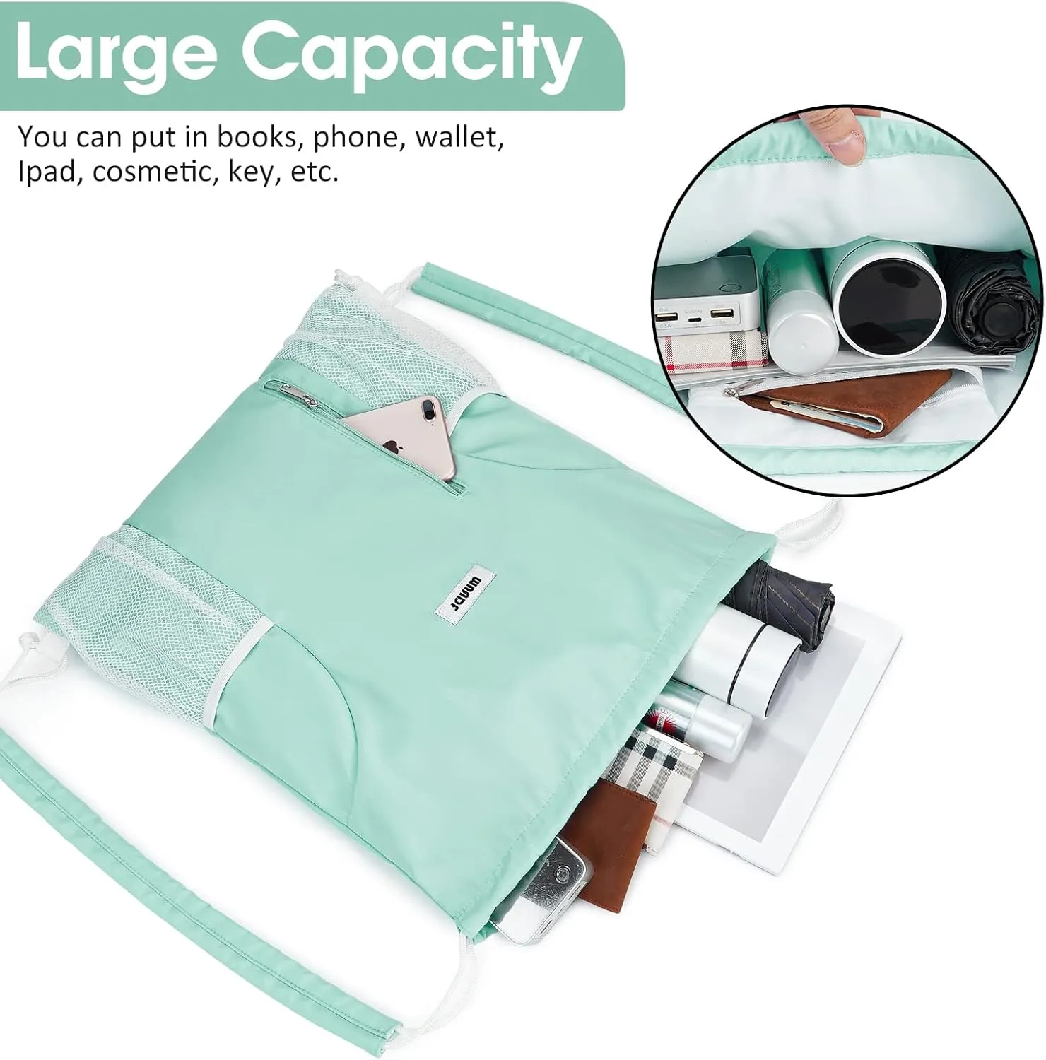 WANDF Drawstring Backpack with Shoulder Pad Sports Gym Backpack with Mesh Pocket String Bag for Women Men(Mint green)