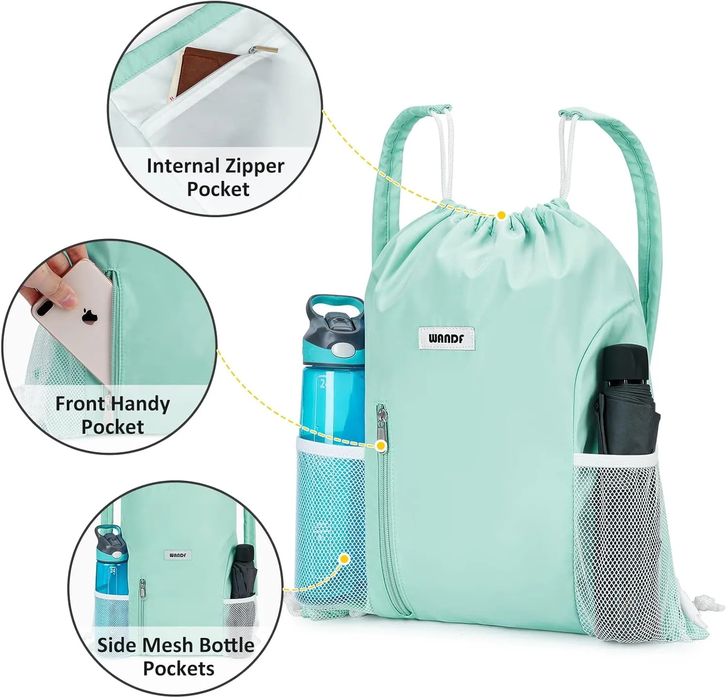 WANDF Drawstring Backpack with Shoulder Pad Sports Gym Backpack with Mesh Pocket String Bag for Women Men(Mint green)