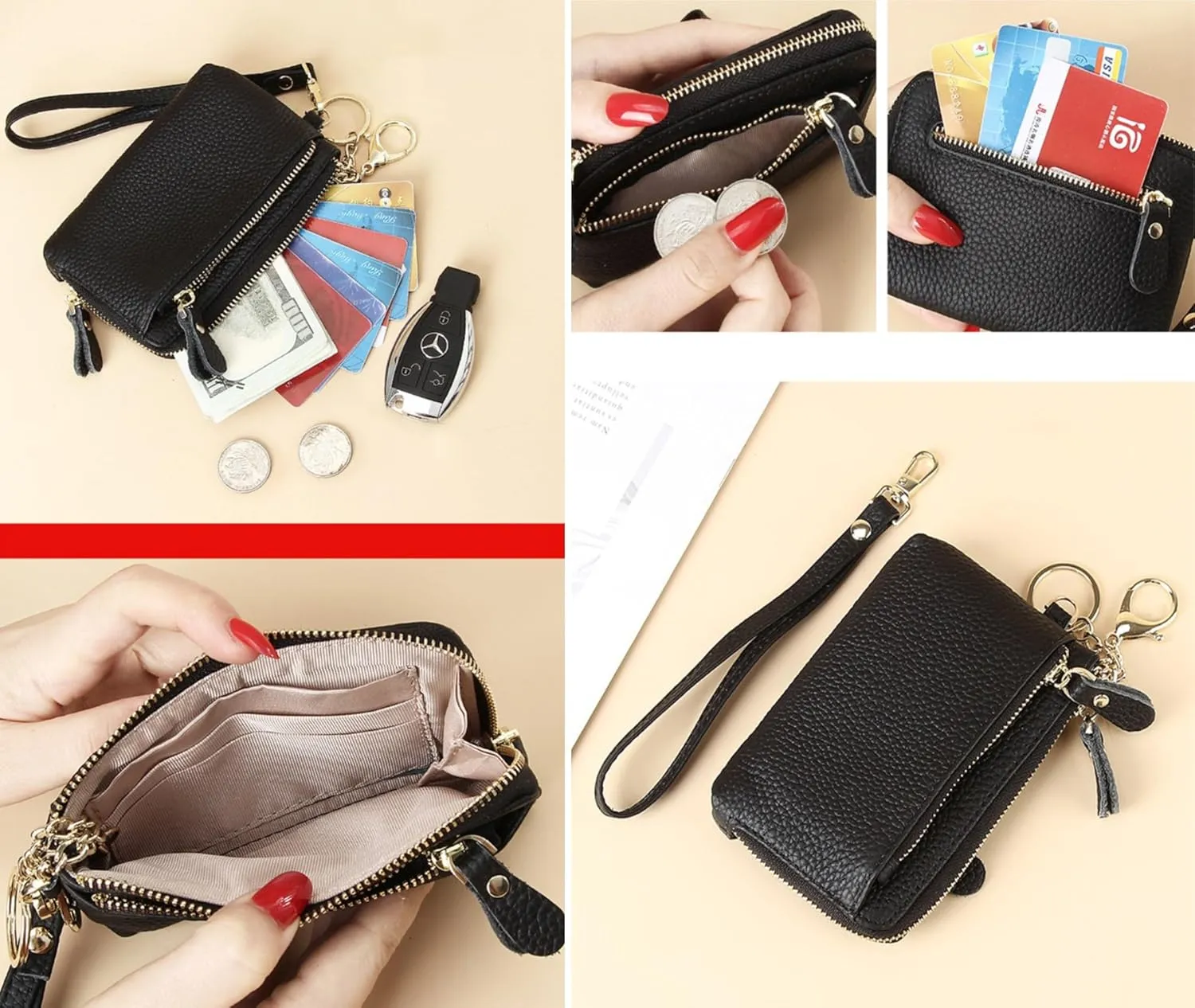 Women Genuine Real Leather Coin Purse with Hand Strap. 3 Zipper Small Wallet Wristlet with 3 credit cards slots Holder - Yellow