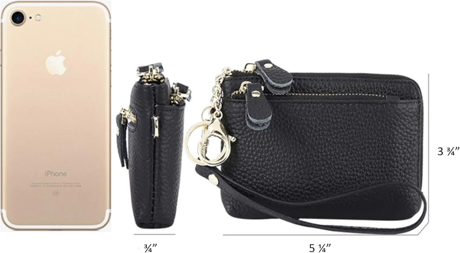 Women Genuine Real Leather Coin Purse with Hand Strap. 3 Zipper Small Wallet Wristlet with 3 credit cards slots Holder - Yellow